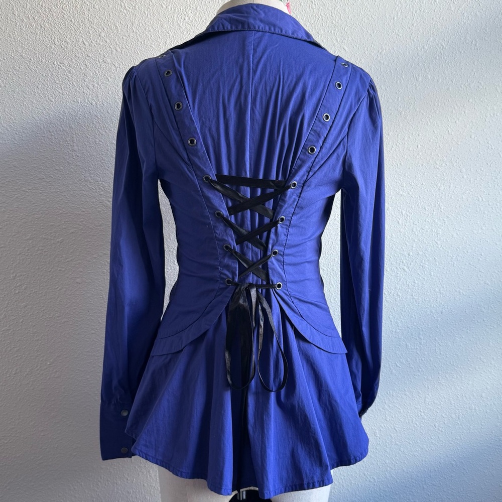 2B BEBE Purple Black Victorian Corset Lace Long Sleeve Shirt Asymmetric Button